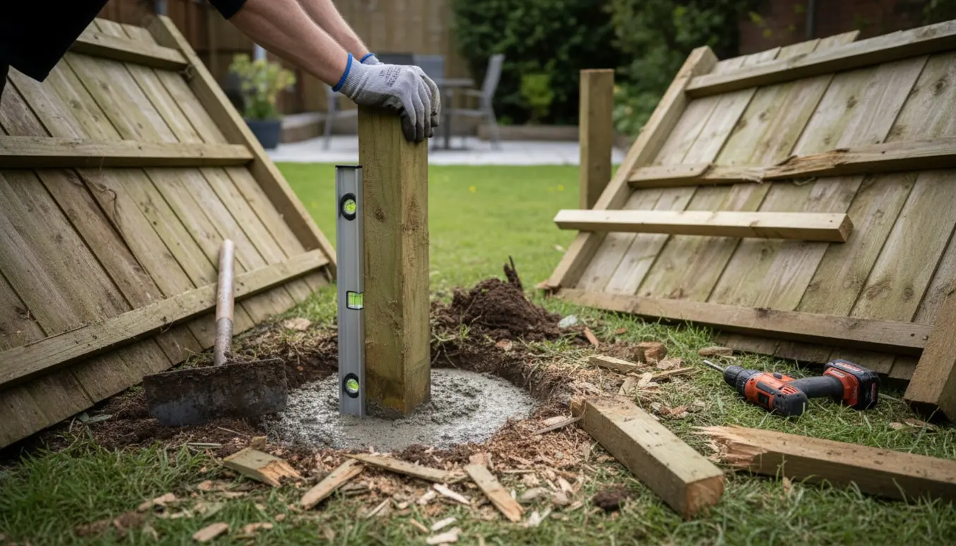 Reparation af et træhegn i baghaven med en ny stolpe i frisk beton og værktøj omkring.