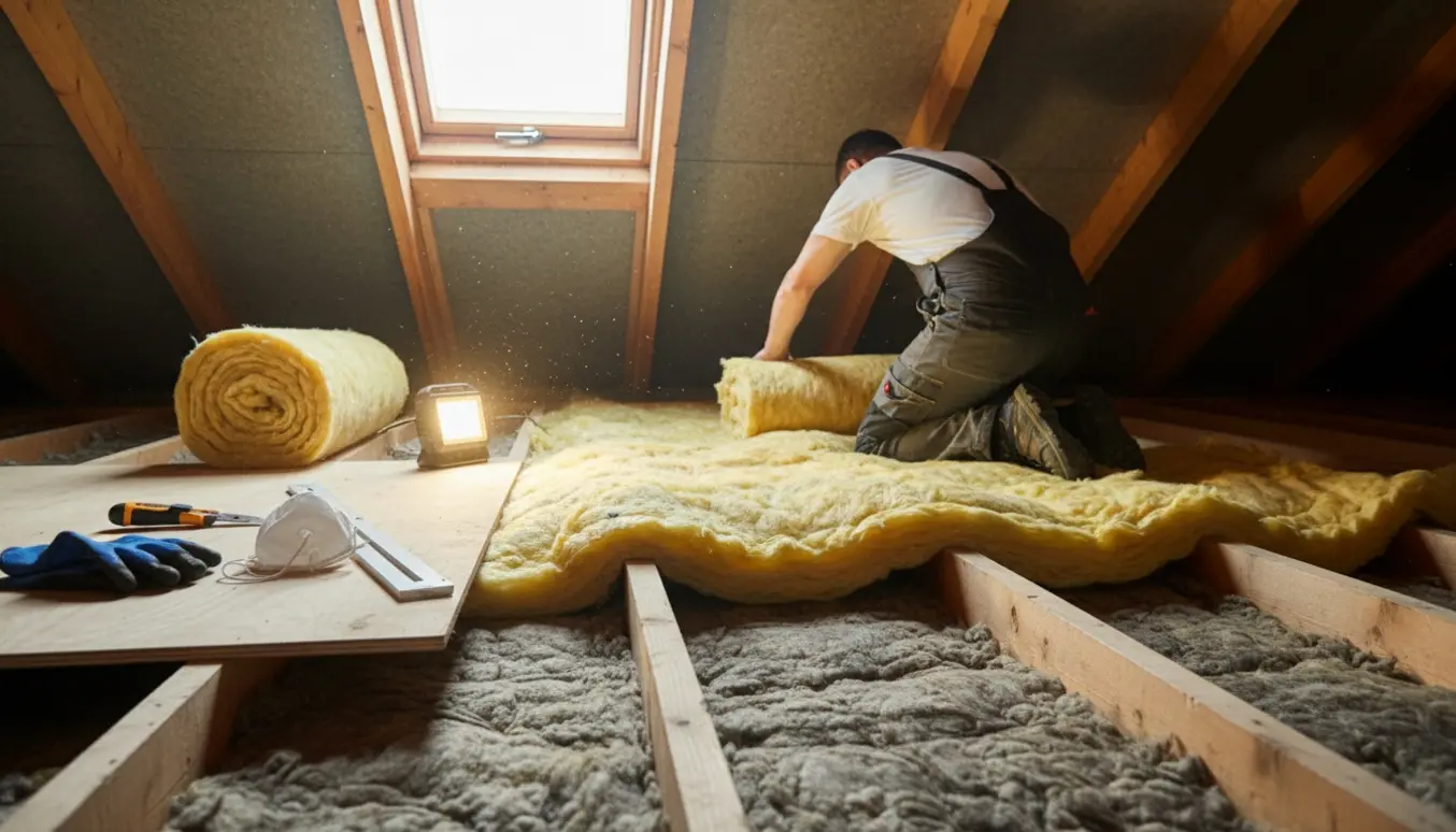 Person bagfra lægger ny loftsisolering ovenpå eksisterende isolering i et soloplyst loftsrum.