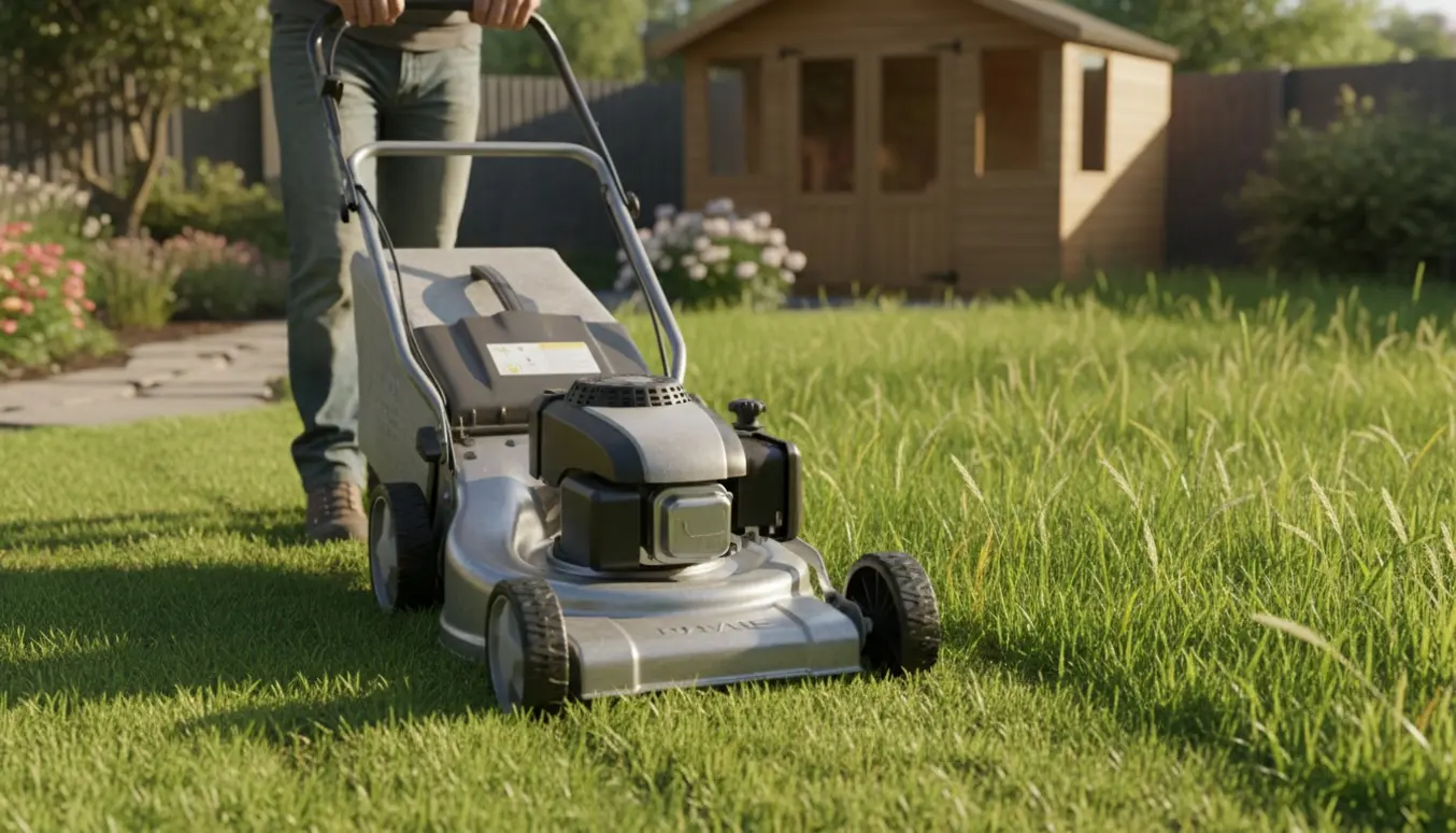 En plæneklipper med opsamler klipper en lille haveplæne og efterlader nyklippede, stribede græsbaner.