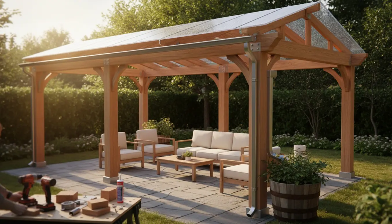 Træpergola med gennemsigtigt tag og integreret afløb over en stenbelagt terrasse med værktøj i forgrunden.