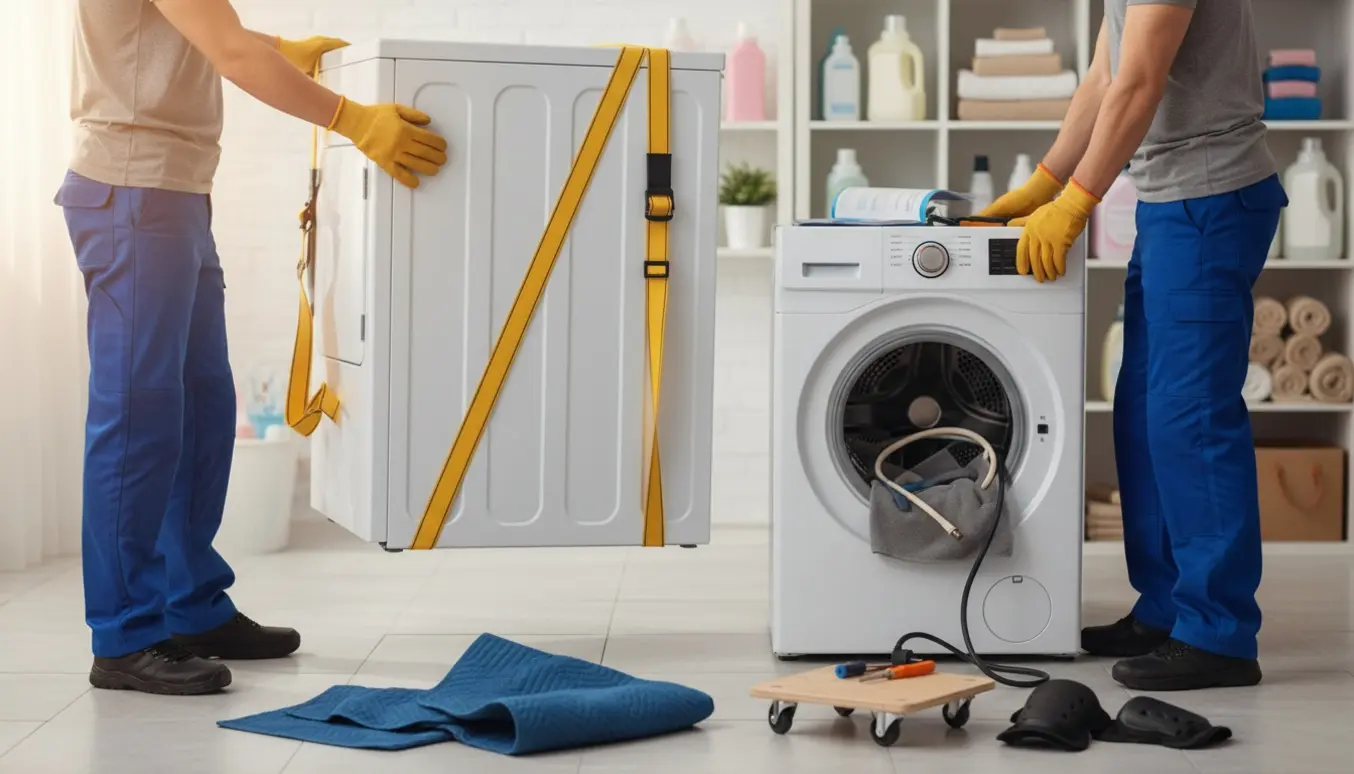 To personer løfter en tørretumbler op fra en vaskemaskine i et lyst vaskerum med værktøj og flytteudstyr ved siden af.