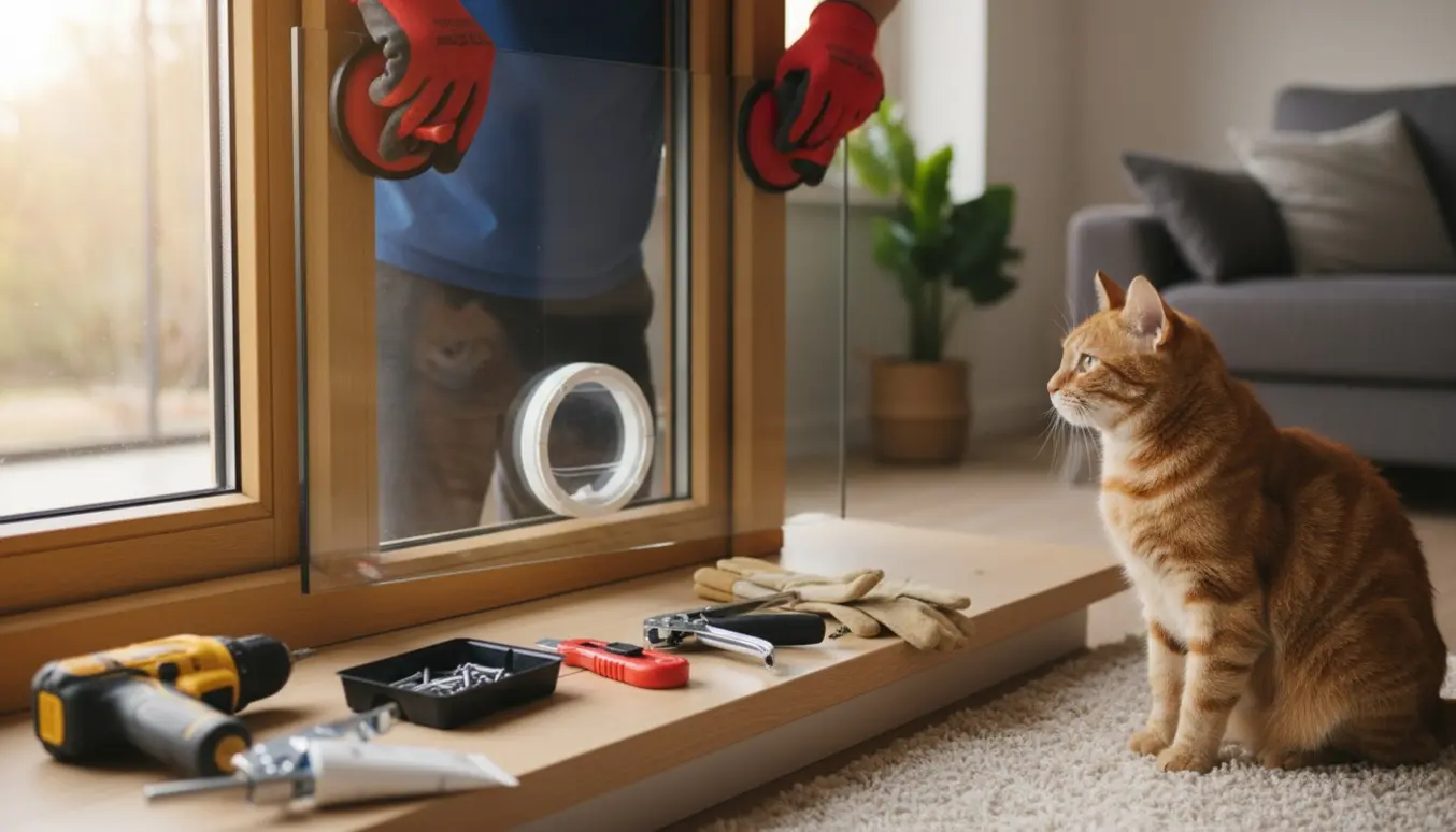 En ny termorude med indbygget kattelem løftes på plads med sugekopper ved et vindue, mens en kat ser på.