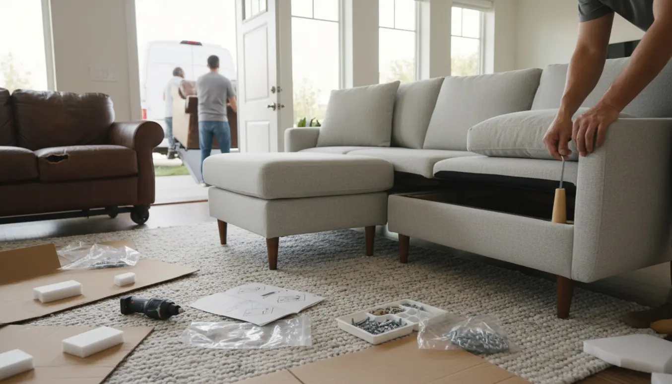 Ny hjørnesofa med chaiselong samles i en lys stue, mens den slidte gamle sofa bæres ud.