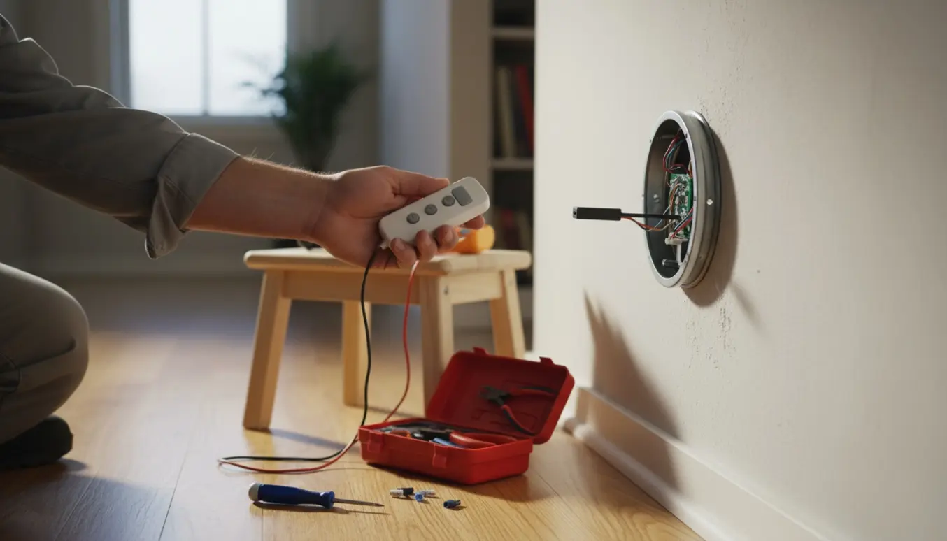 En hånd peger med fjernbetjening mod et åbent indstik til centralstøvsuger med eksponeret antenne og værktøj ved siden af.