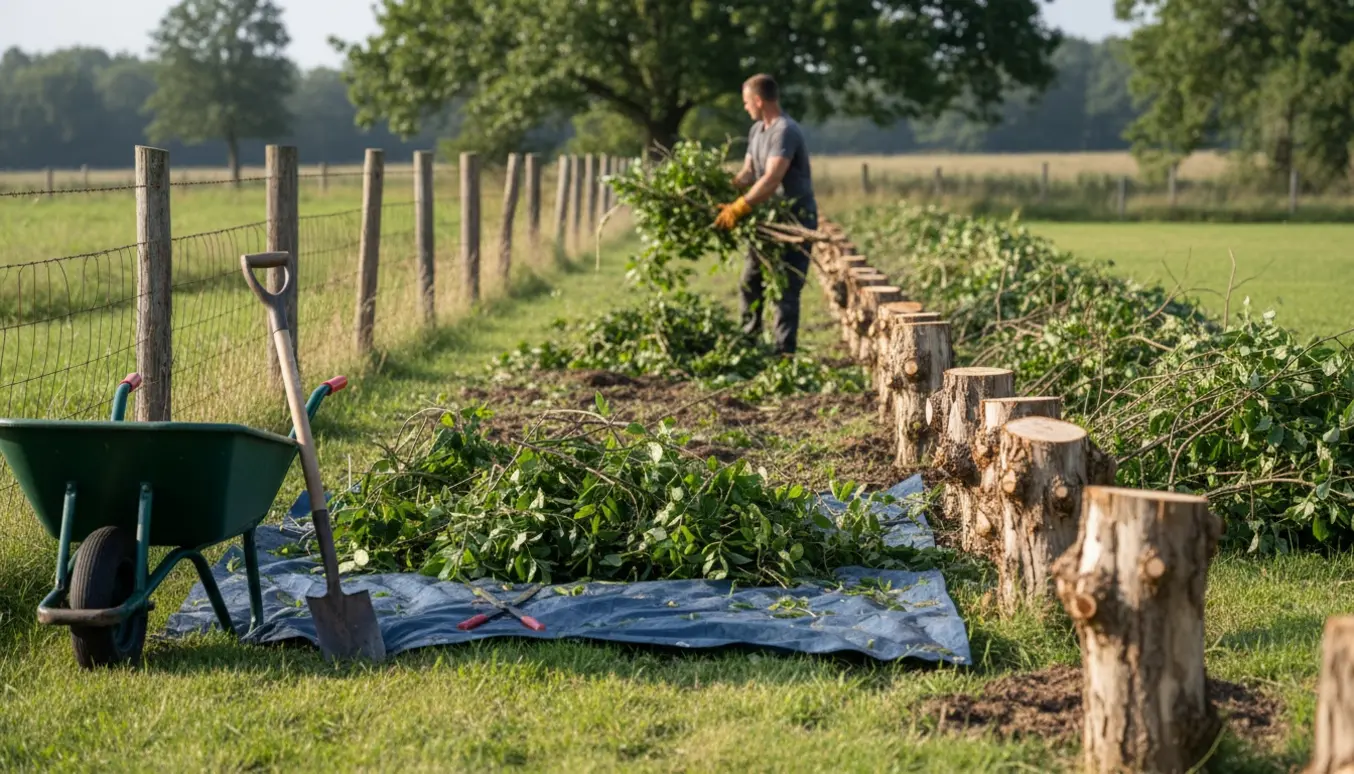 Aftagning af en gammel hæk med afskårne stubbe, bunker af grene, stolper og trådhegn langs en grund.