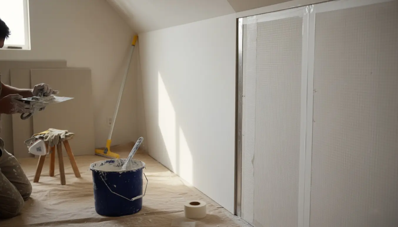 Håndspartling af en skråvæg med glasvæv, spartel og værktøj på et beskyttet gulv.