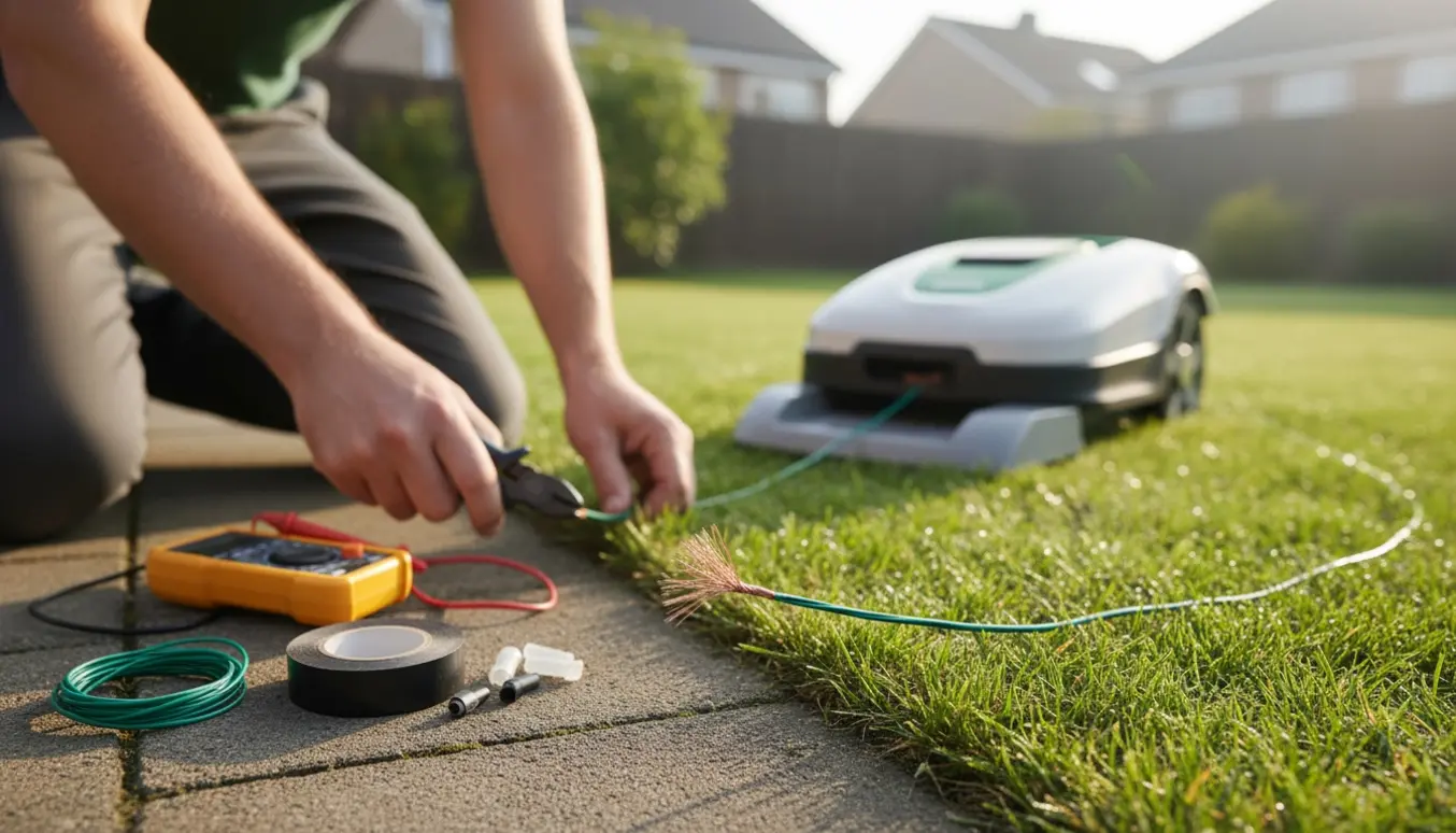 Nærbillede af et afbrudt afgrænsningskabel ved en robotplæneklippers ladestation, mens hænder reparerer det.