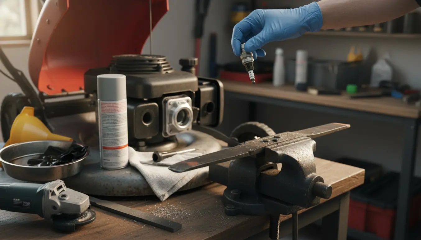 En person servicerer en ældre benzindrevet plæneklipper i et lyst værksted med åben motor, tændrør og et blad klar til slibning.