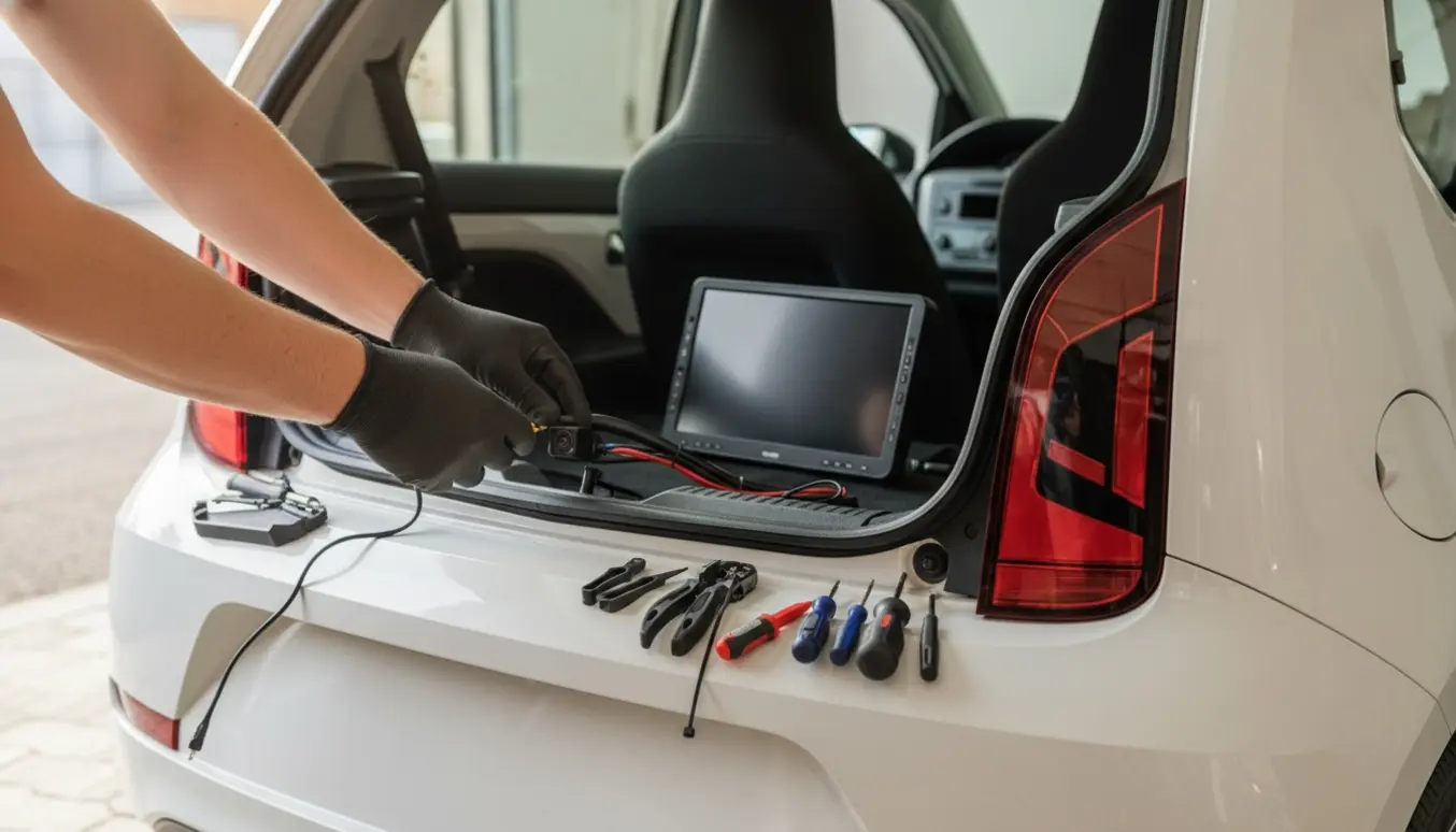 Hænder monterer et bakkamera i bagklappens håndtag på en lille 2018-hatchback med ledninger og værktøj synligt.