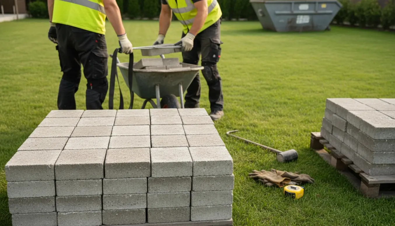 Stabel af betonfliser på græsplænen og håndværkere, der løfter og læsser dem mod en affaldscontainer.