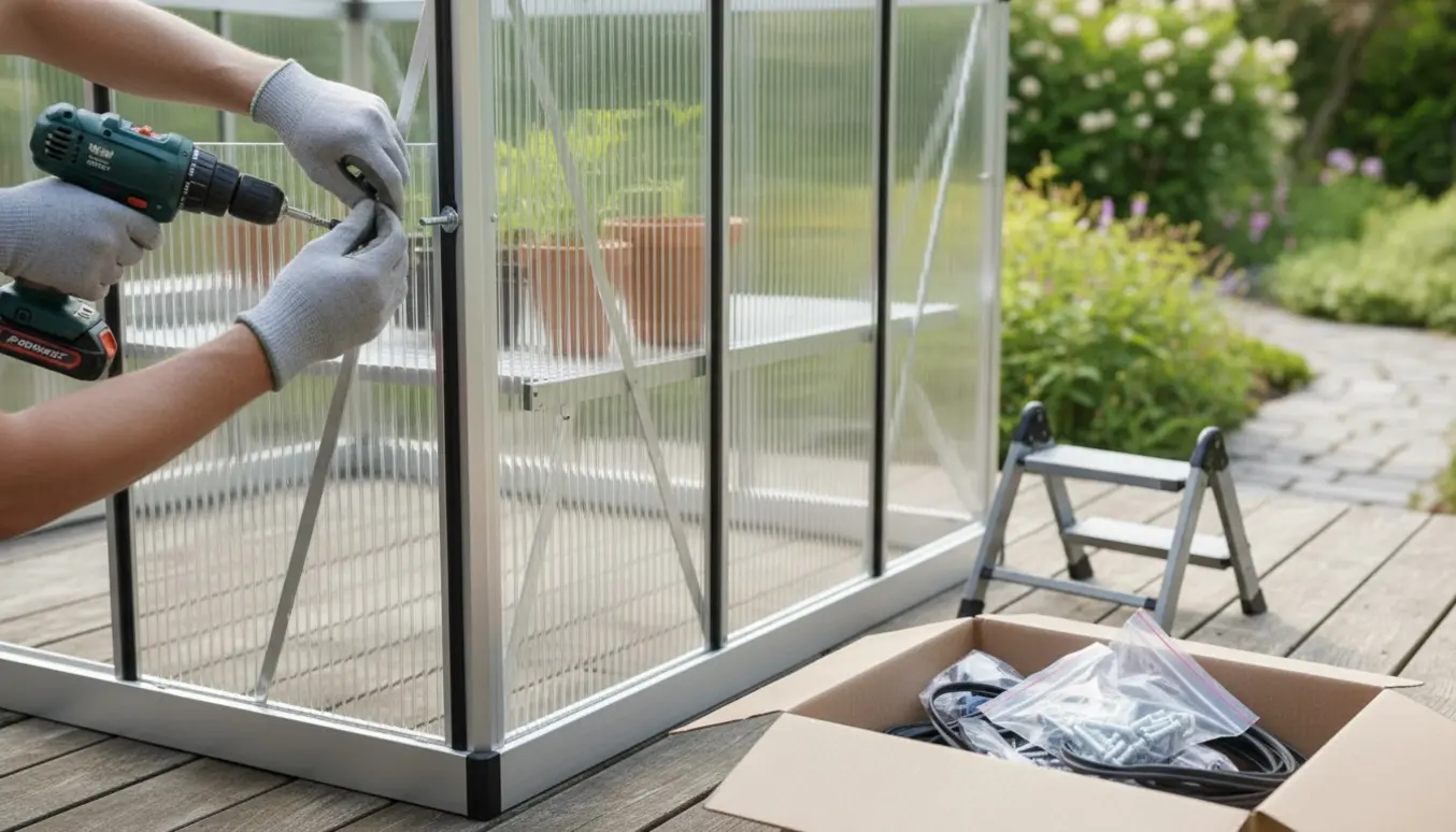 Nærbillede af et delvist samlet drivhus i haven med hænder, metalramme og polykarbonatpaneler.