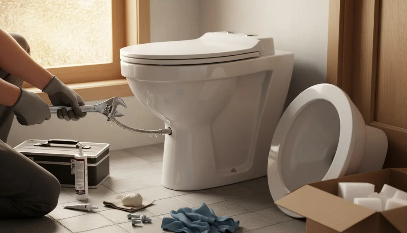 En VVS-montør installerer et nyt hvidt Ifö-stil dobbelt skyltoilet i et lyst, moderne badeværelse.