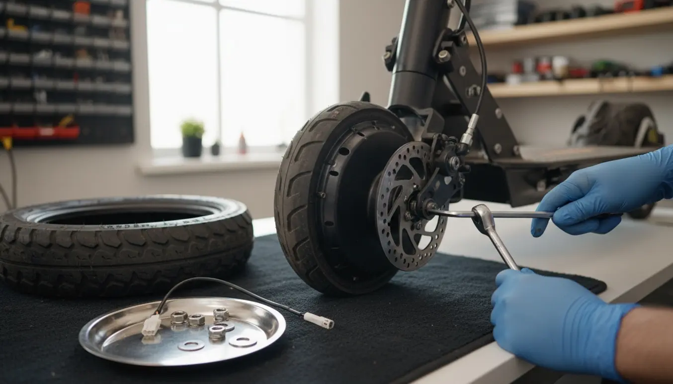 Nærbillede af udskiftning af et elektrisk løbehjuls baghjul med værktøj og nyt slangeløst dæk.