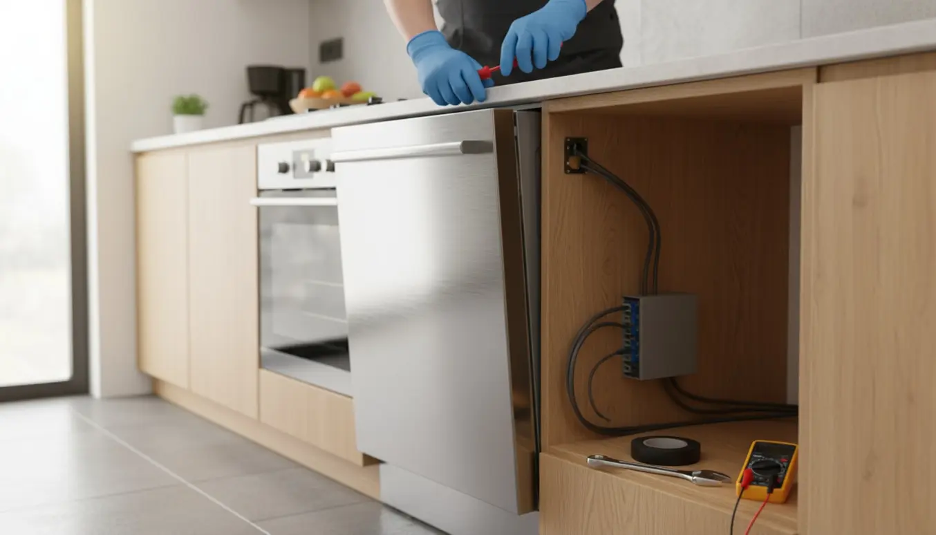 Nærbillede af hænder der monterer og tilslutter en indbygget opvaskemaskine til el i et åbent køkkenskab.