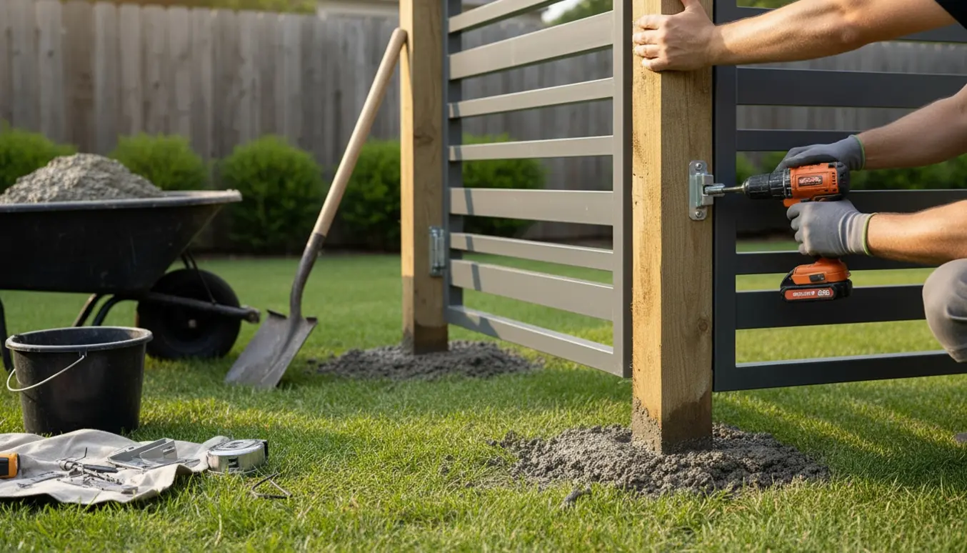 Håndværkere monterer en havelåge, mens stolper støbes i frisk beton i en solrig baghave.