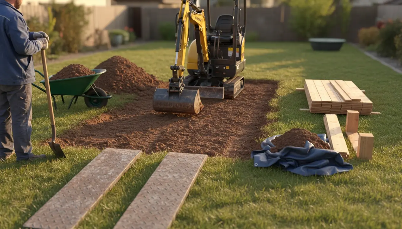Mini-gravemaskine fjerner 15 cm jord fra et ca. 9 m² område til en kommende træterrasse.