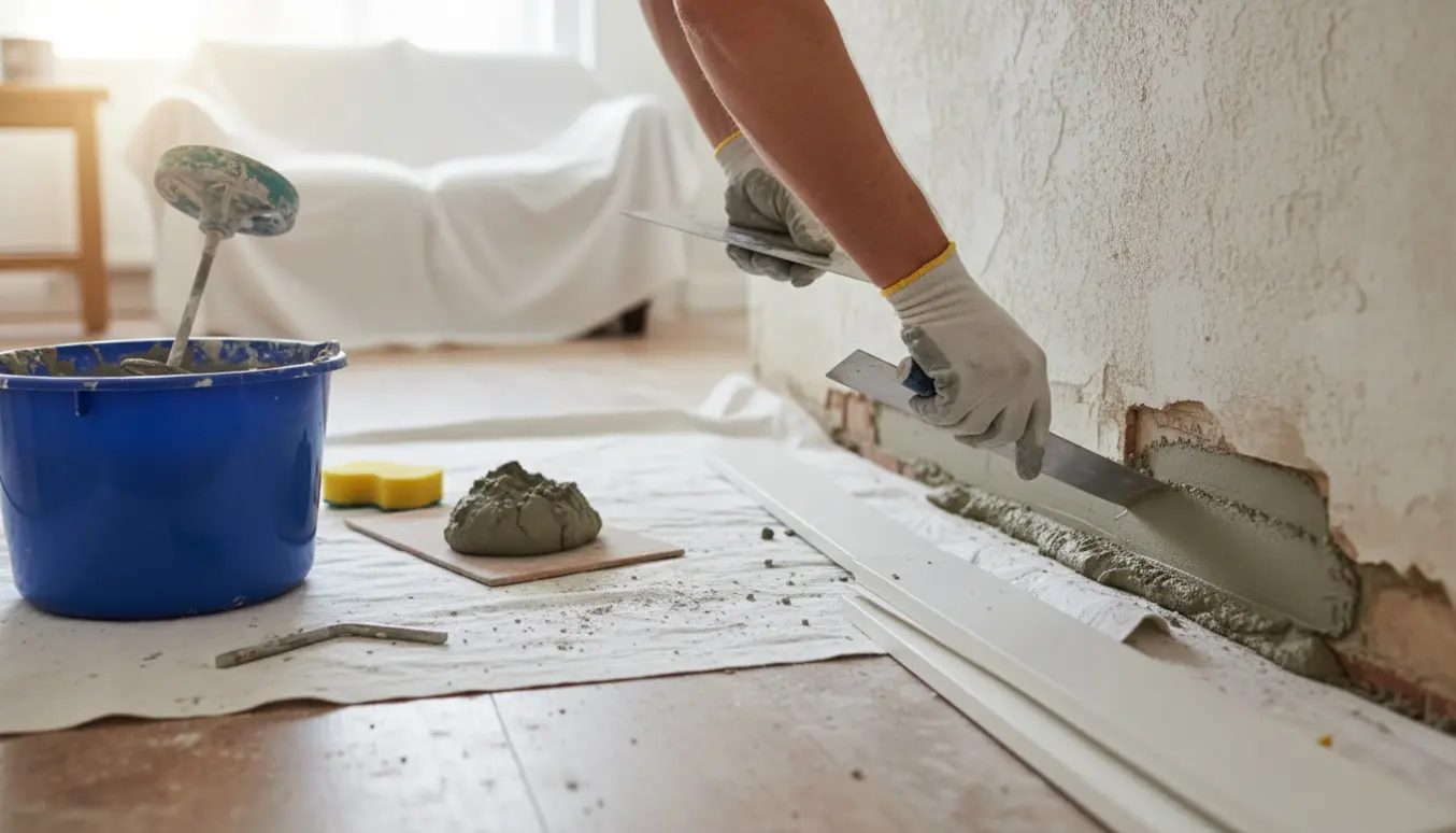 Nærbillede af hænder, der pudser frisk mørtel langs bunden af en væg i en stue med fjernede paneler og materialer på gulvet.