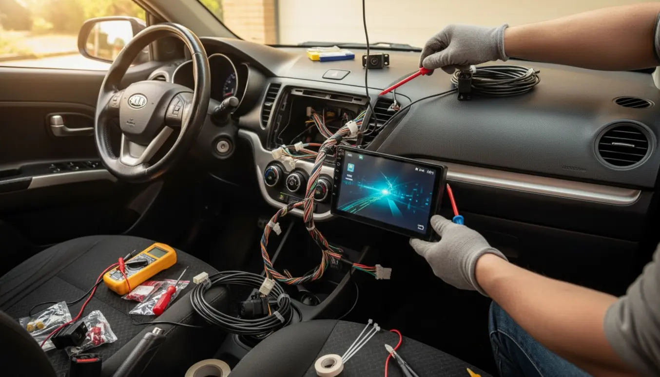 Installering af CarPlay-hovedenhed og bakkamera i en 2013 Kia Picanto med åbent instrumentbræt og værktøj synligt.