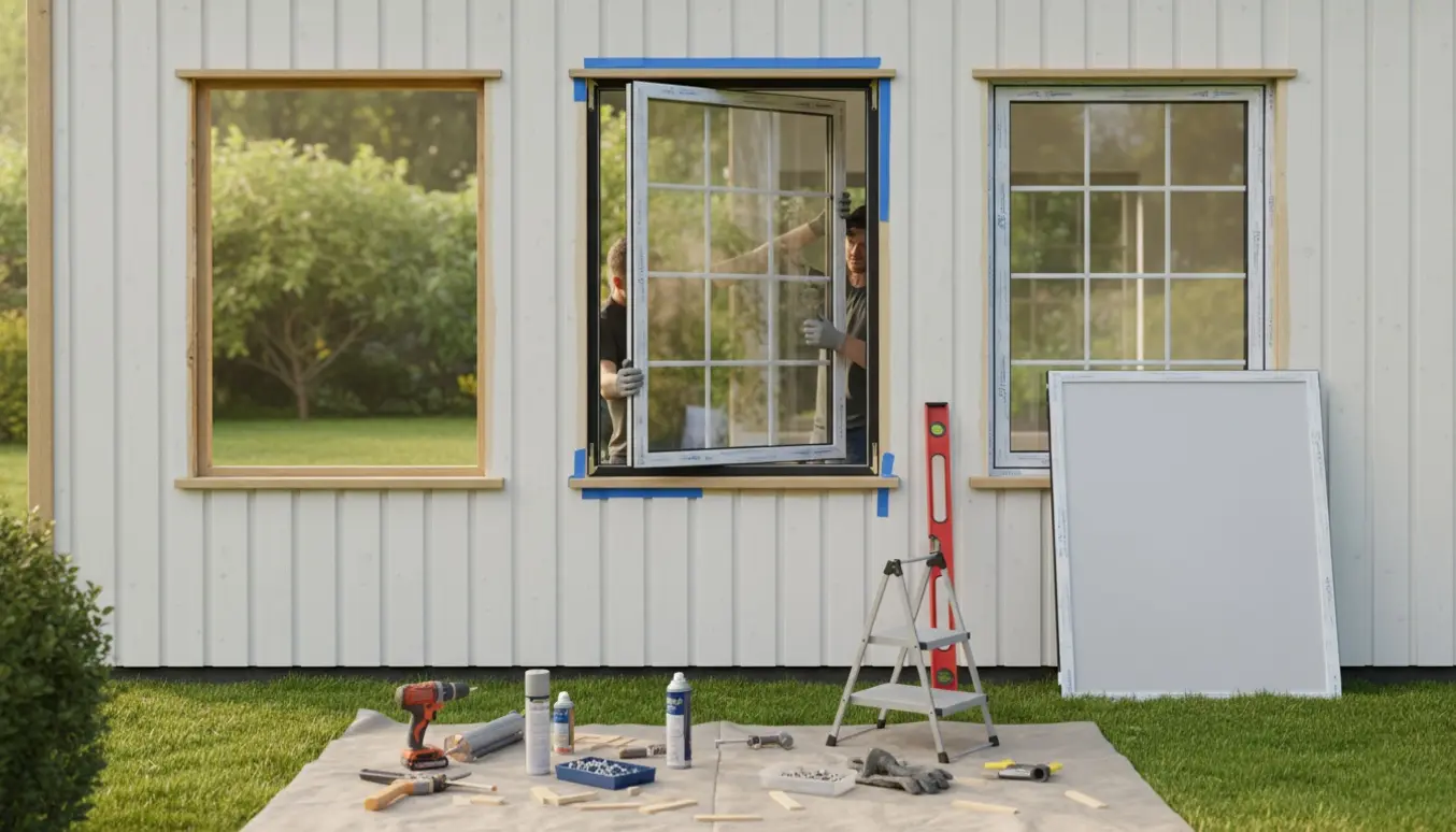 Tre standardvinduer udskiftes på husets haveside; håndværkerhænder monterer et nyt vindue blandt værktøj og materialer.