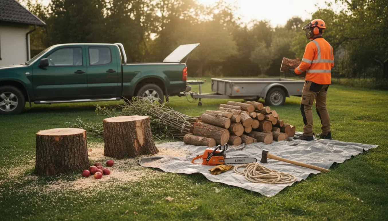 Fældning og oprydning af et æbletræ og et større træ med stumper, stabler af brænde og en pickup klar til afhentning.