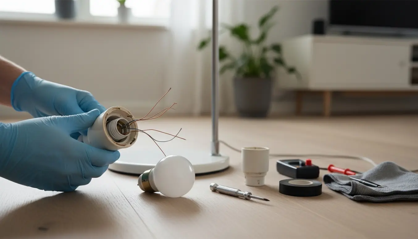 Nærbillede af en Arne Jacobsen‑gulvlampe lagt på siden med en defekt pæresokkel og værktøj klar til reparation.