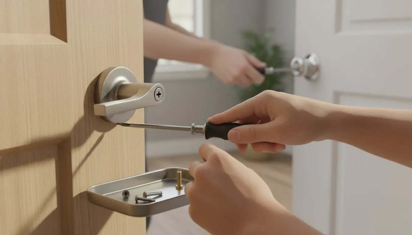 Nærbillede af hænder, der monterer og strammer dørhåndtag på to indvendige døre.