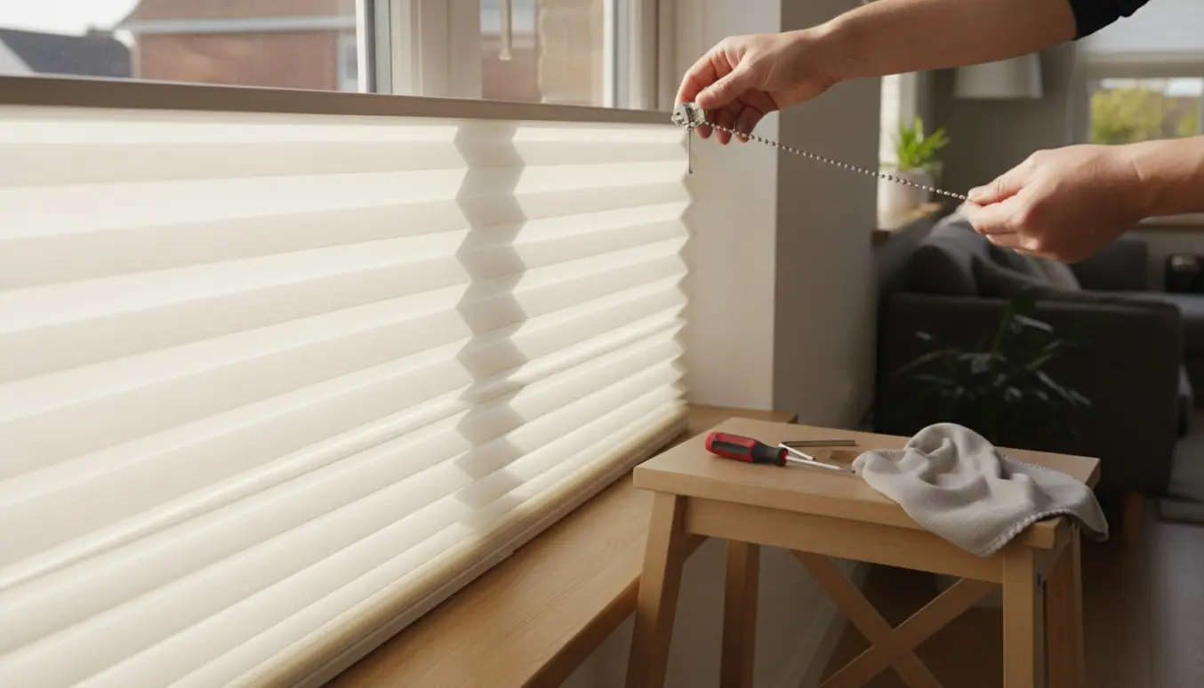 Nærbillede af et manuelt plisségardin, der hænger fast, mens hænder undersøger betjeningssnoren med et lille værktøjssæt på vindueskarmen.
