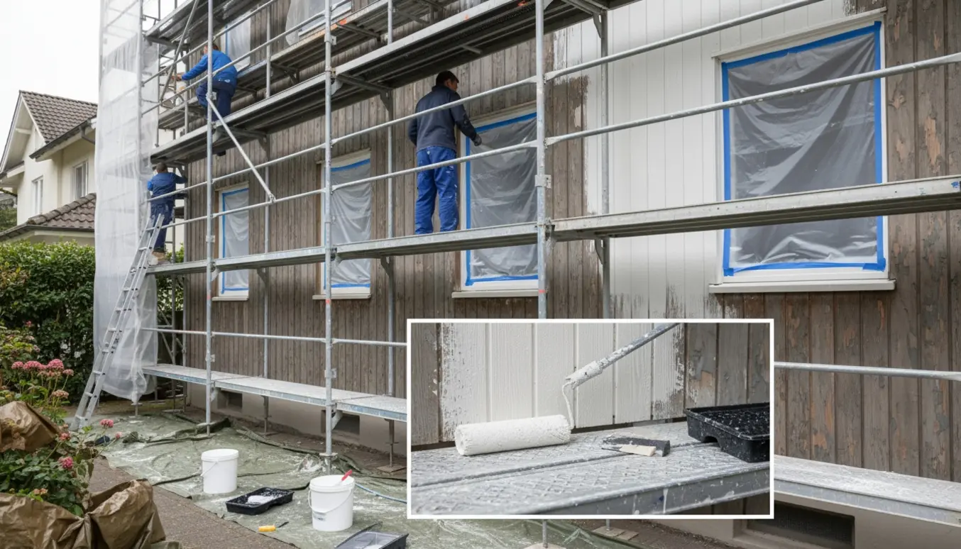 Person maler husfacade hvid fra kælder til tag med stillads og stige, ansigtet ikke synligt.