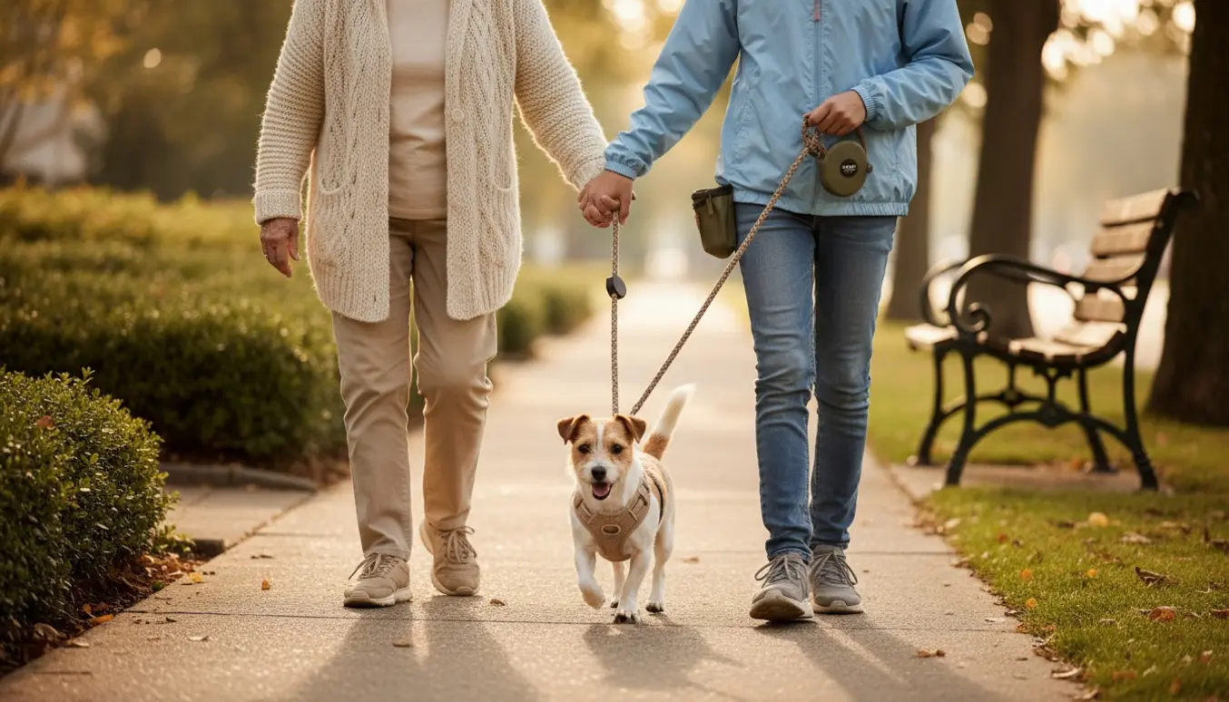 En hjælper holder snoren mens en lille hund går på en solrig, træbevokset villasti.