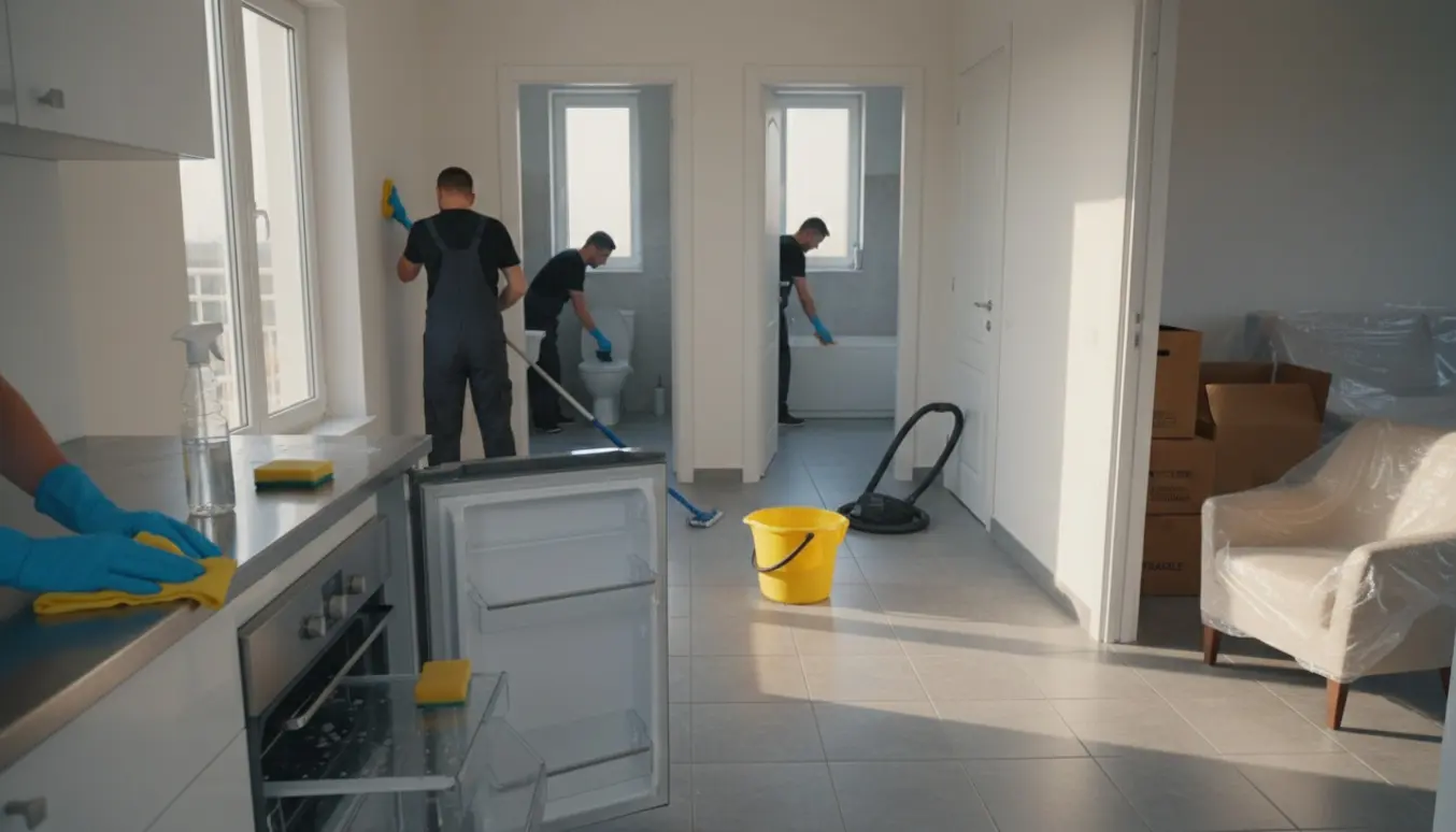 Rengøring i lejlighed midt i flytning med rengøringsudstyr, åbent køleskab og kasser i baggrunden.