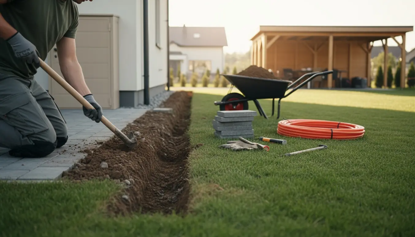 Smal, knæhøj rende fra bryggersdør mod carport med stablede fliser, jord og værktøj ved siden af.