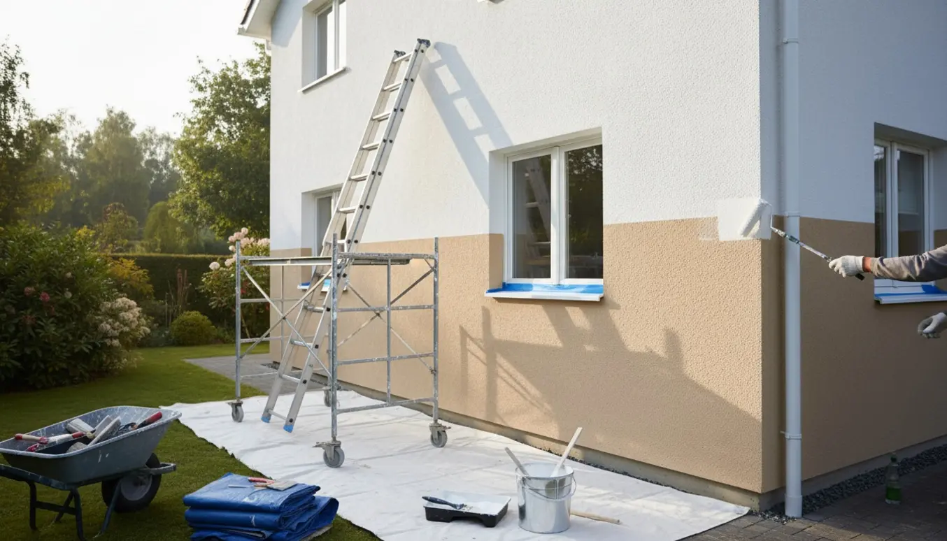 To-etagers pudset hus under udvendig maling med stige, malerulle og malerbøtte i forgrunden.