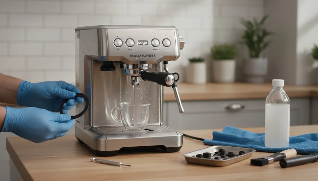 Reparation af Sage Barista espressomaskine med synligt vand fra brusehoved og udskifte pakning på køkkenbord.
