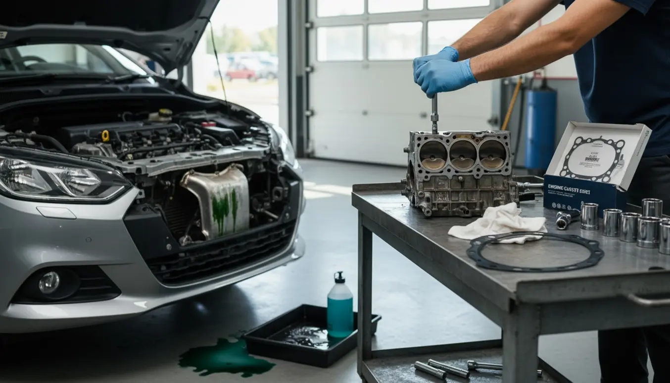 Mekaniker arbejder på en åben motor med toppakning, værktøj og kølervæske synligt i et rent værksted.