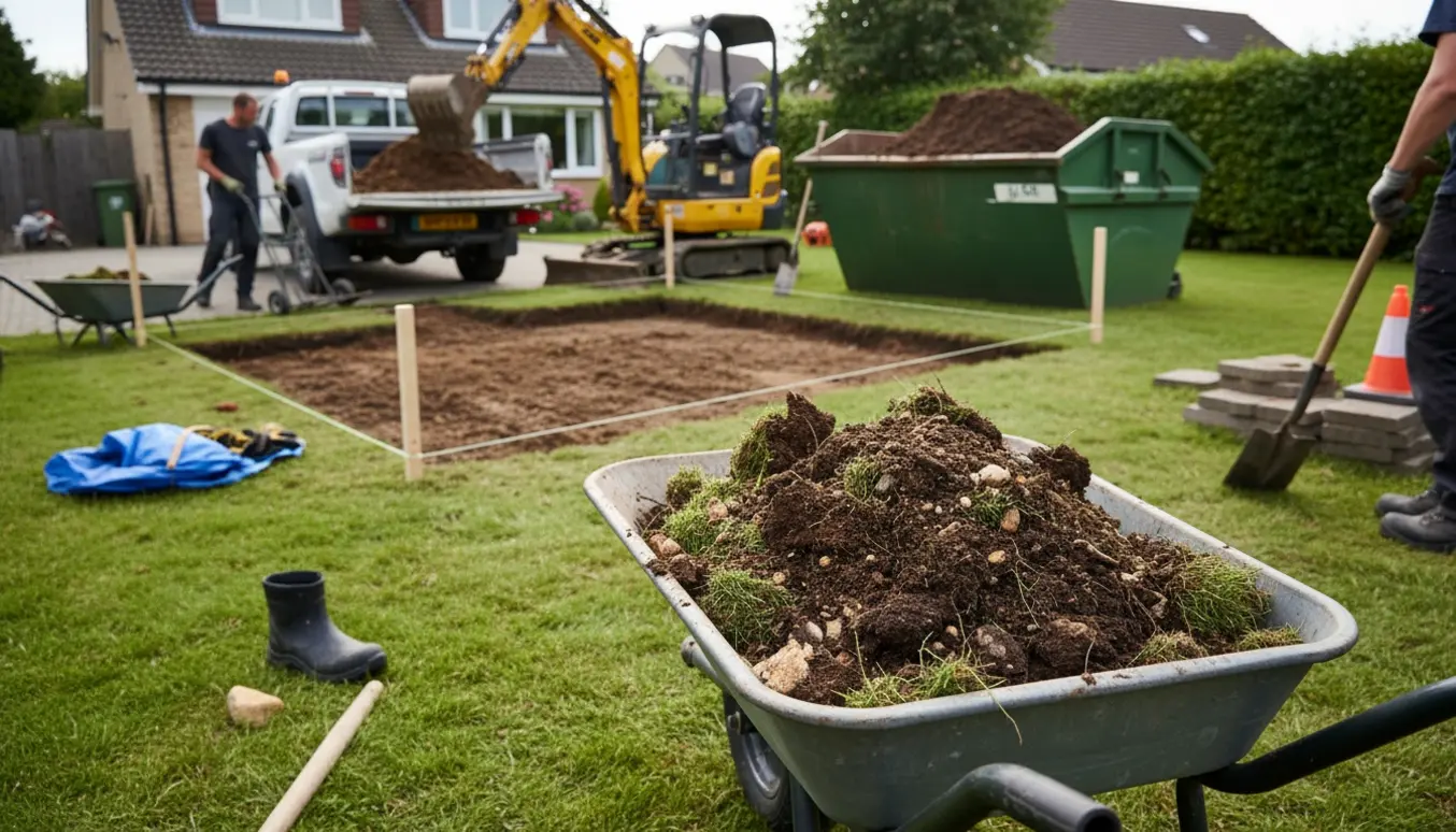 Bortkørsel af blandet jord fra en privat have med trillebør, skovl og gravemaskine ved indkørsel.