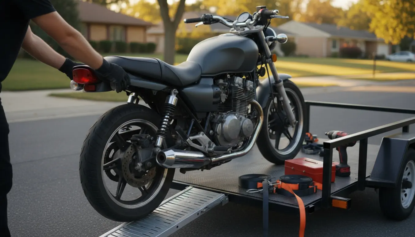 To personer skubber en defekt motorcykel op på en trailer med rampe ved vejkanten.