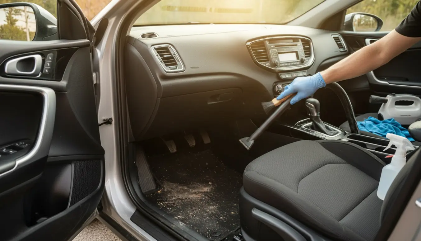 Hænder rengør indersiden af en Kia Ceed hatchback med støvsuger, børste og mikrofiberklud.