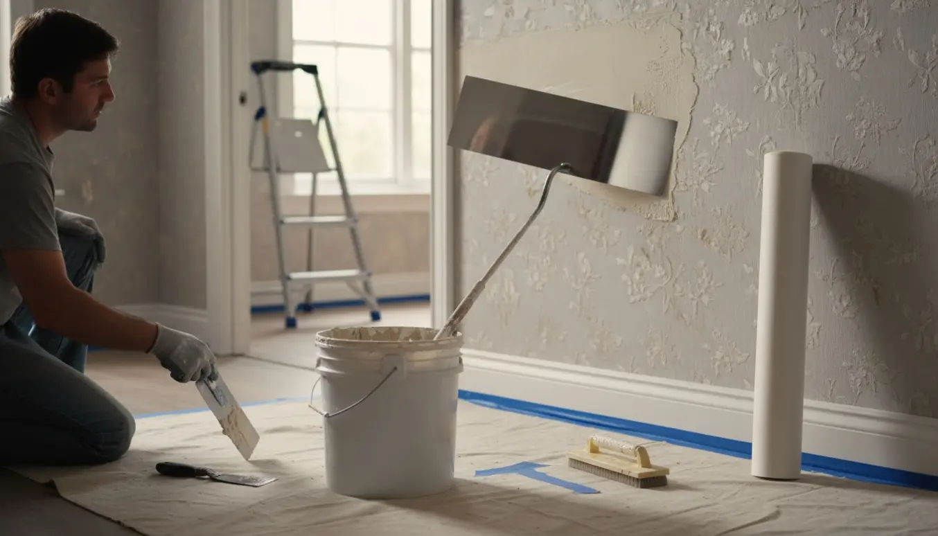 Nærbillede af spartling på eksisterende tapet og forberedelse til opsætning af nyt filt i et lyst rum.