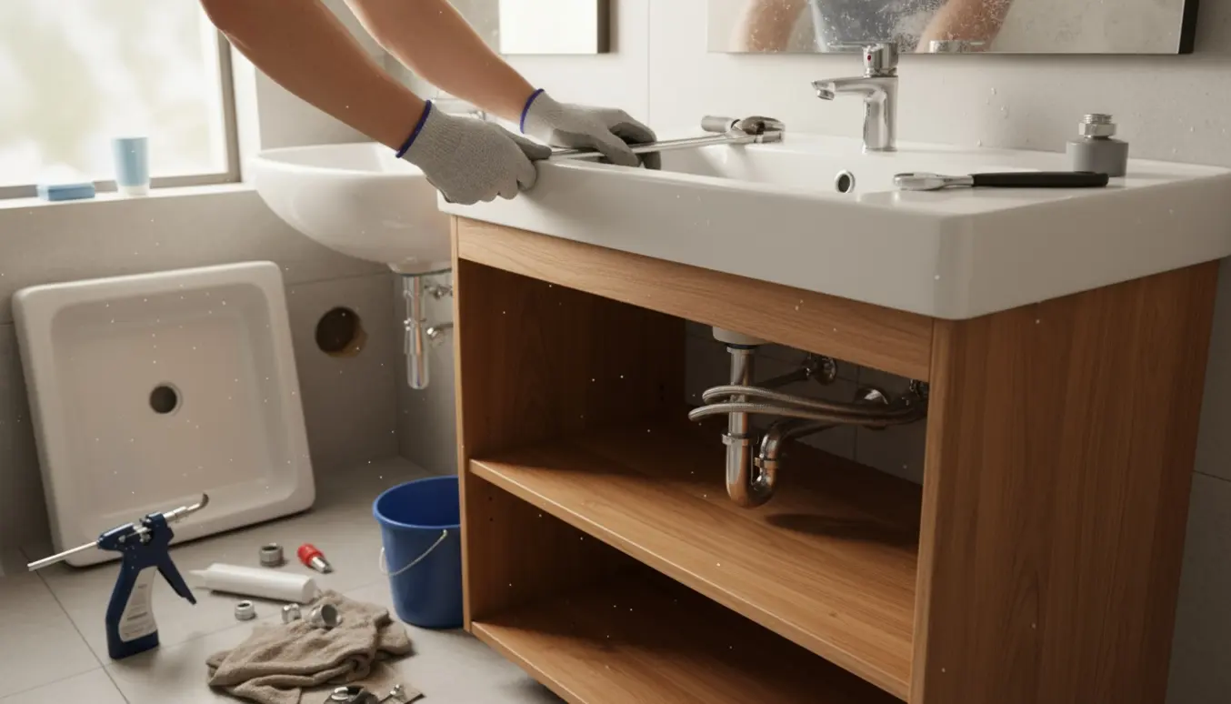 Et nyt badeværelsesskab med håndvask installeres, hænder forbinder kromrør under vasken.