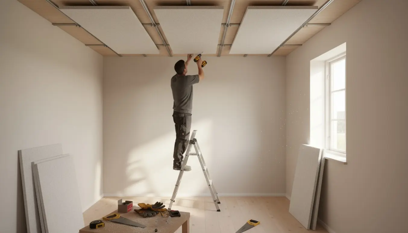 Et lille værelse med delvist opsat troldtekt-loft, værktøj og en person på en stige set bagfra.