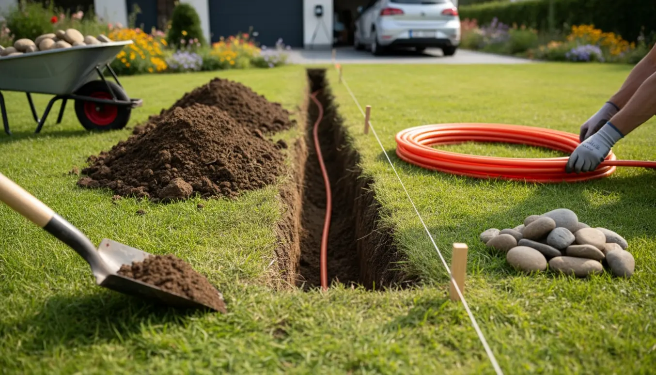 Gravet rende med ledningsrør, skovl og trillebør med havesten i en parcelhushave.
