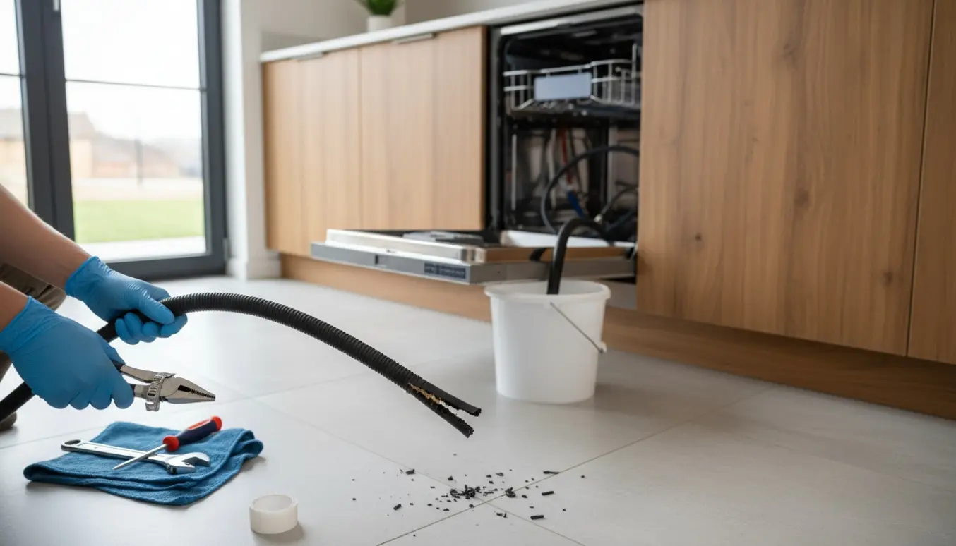 Trukket opvaskemaskine ved køkkenvask med handsker, der udskifter en bidt afløbsslange.