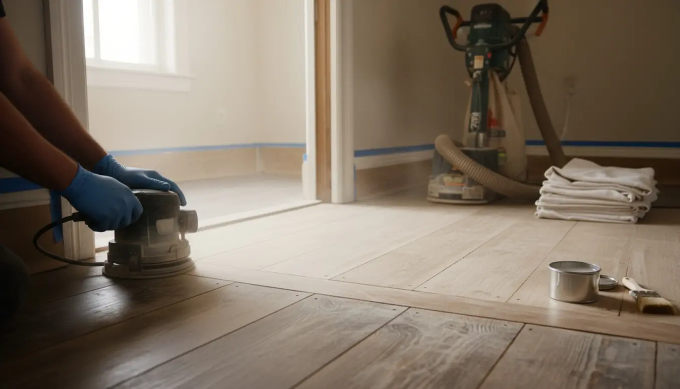 Tom lejlighed med let afslebne plankegulve, afdækning og værktøj ved dørtrin.