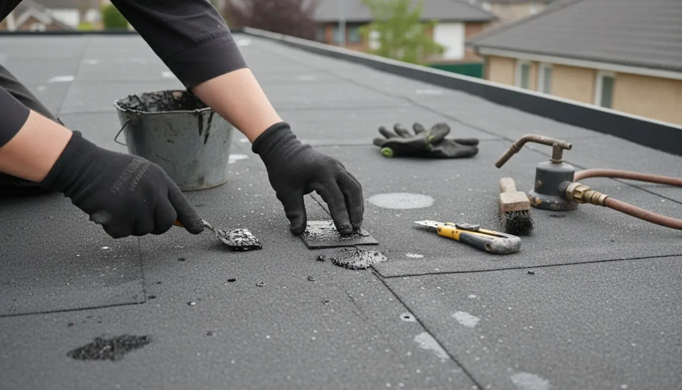 Hænder reparerer små revner og huller i et næsten fladt tagpap med bitumen og en lap.