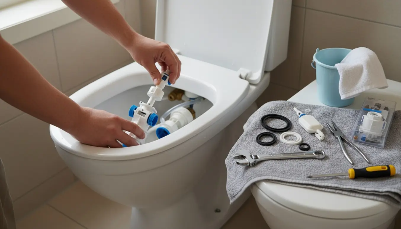 Hænder udskifter indmad i en åben Ifö Cera toiletcistern med reservedele og værktøj.