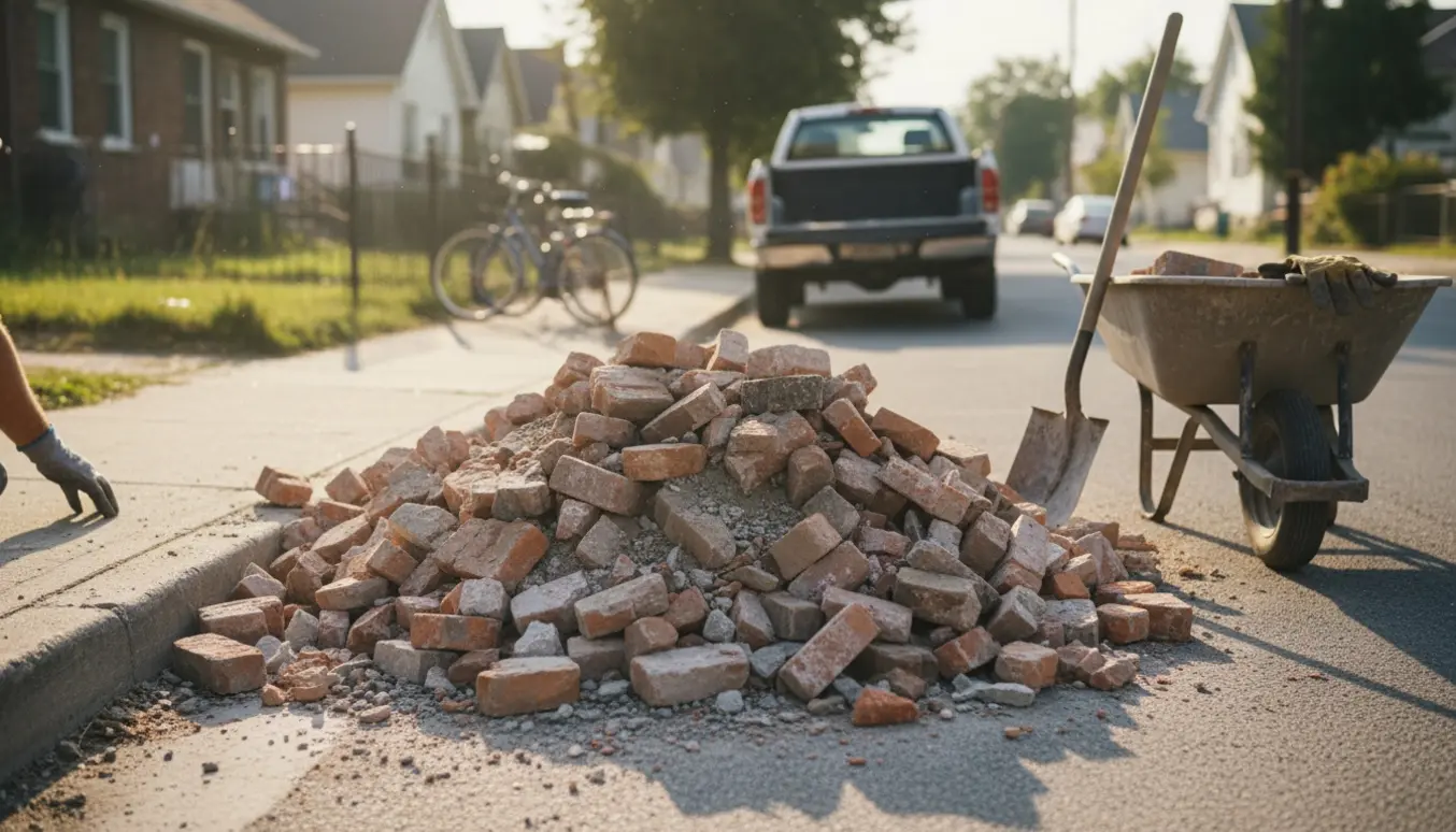 En bunke murbrokker på fortovet ved en offentlig vej klar til afhentning.