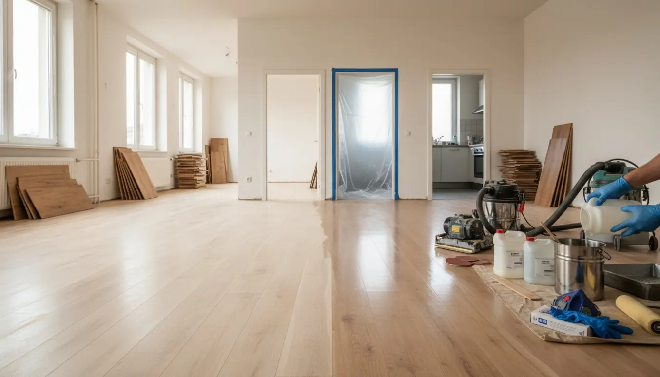 Indvendigt gulv under slibning og lakering med slibemaskine, afmonteret laminat og nymalet blank overflade.