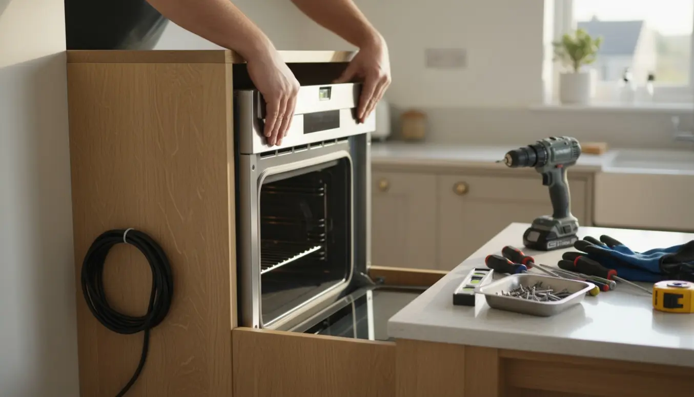 Hænder, der fører en rustfri indbygningsovn ind i et køkkenskab med værktøj på bordet.