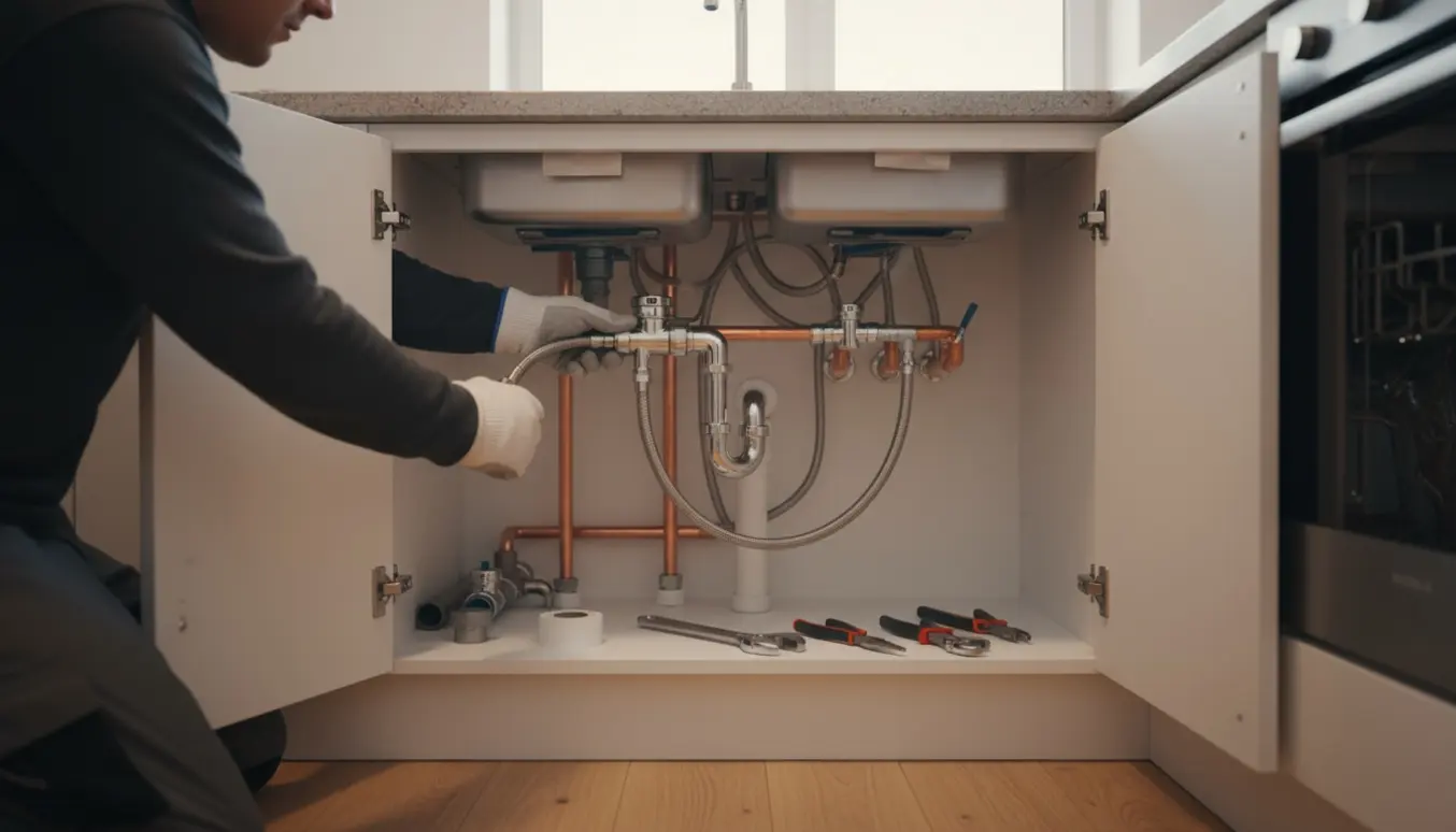 Under køkkenvasken installerer en VVS-montør en ekstra vandtilslutning til vaskemaskinen ved siden af opvaskemaskinen.