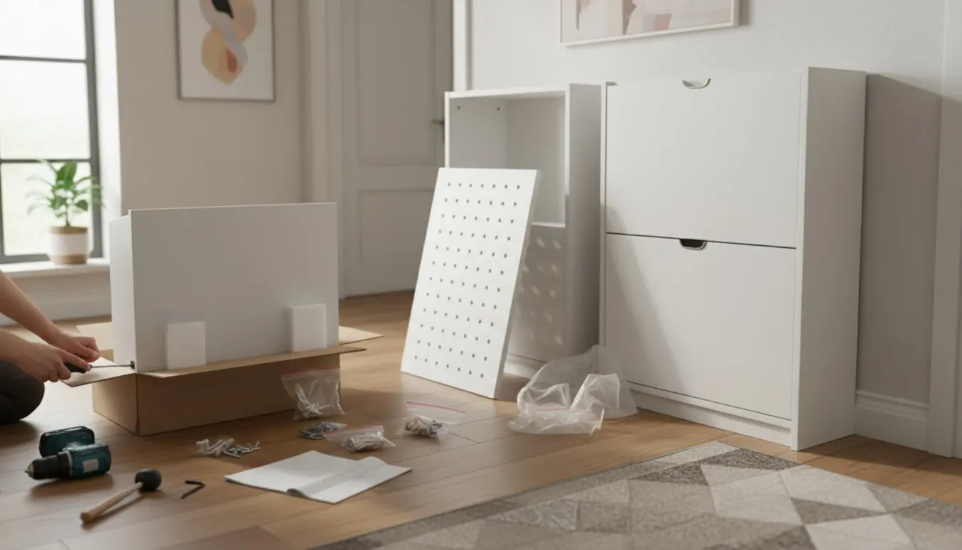 To hvide skoskabe under montering på et lyst trægulv med værktøj og skruer spredt omkring.